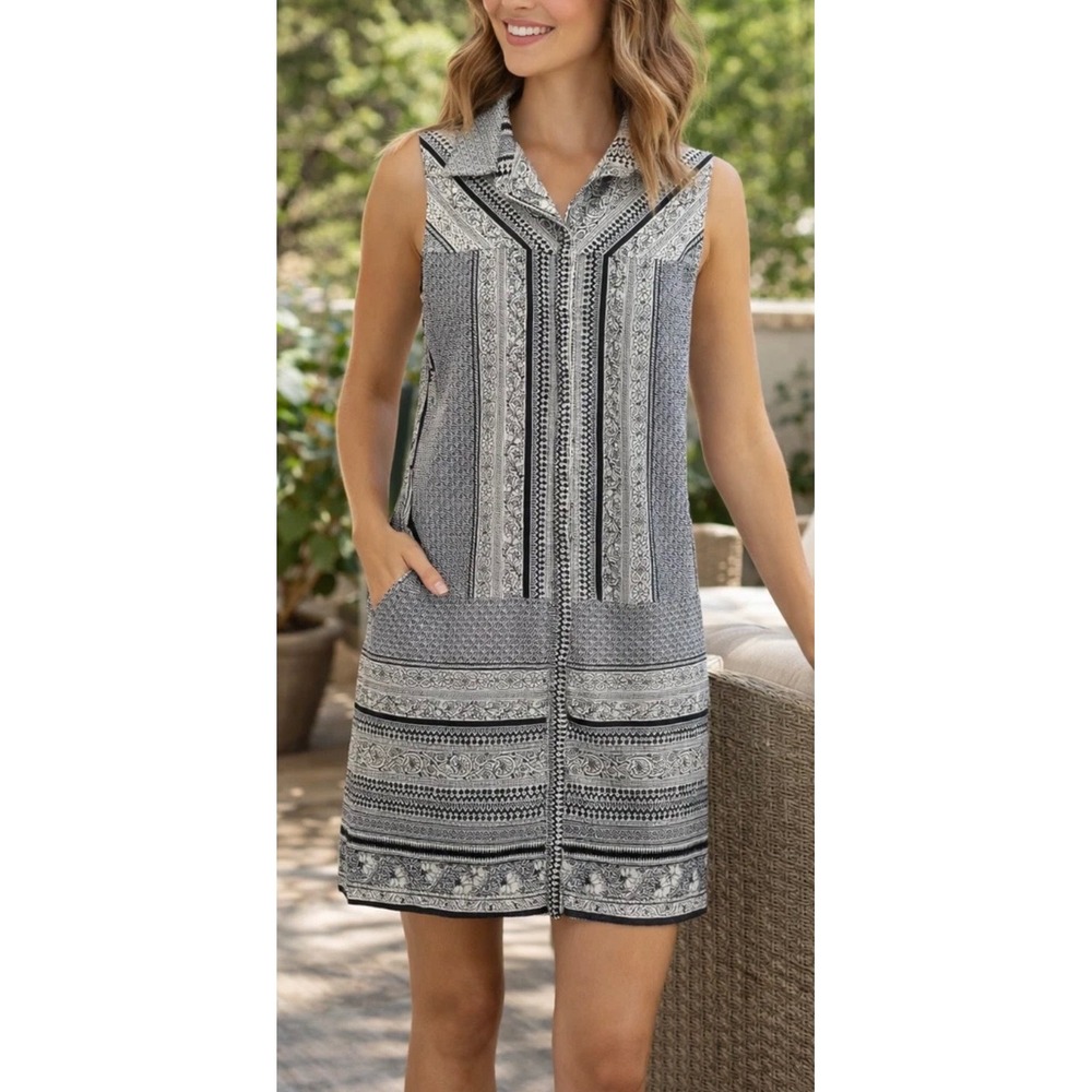 Bailey 44 Women's M Black White Paisley Print Sleeveless Button Front Dress